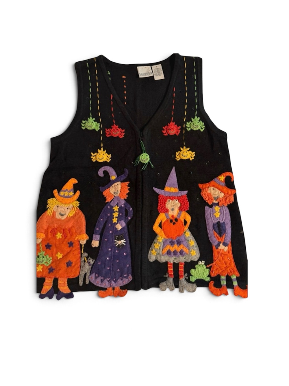 Vintage Witch Halloween Vest - Black with Orange, Purple & Green and Spiders! S